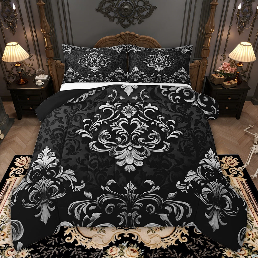 Manfei Victorian Damask Bedding Sets Full with Comforter, Vintage Baroque Floral Duvet Insert, Black Gray Comforter Sets Full Size, Breathable Bedroom Decor, 3pcs Reversible