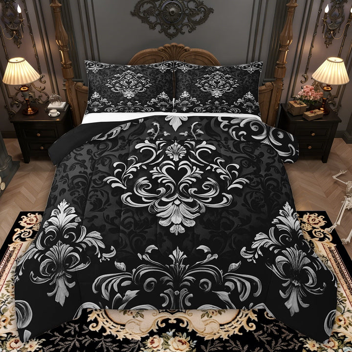 Manfei Victorian Damask Bedding Sets Full with Comforter, Vintage Baroque Floral Duvet Insert, Black Gray Comforter Sets Full Size, Breathable Bedroom Decor, 3pcs Reversible