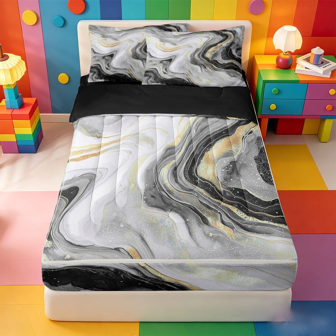 meiyoeat Modern Marble Art Zipper Full Size Comforter Sets with Fitted Sheet and 2 Pillowcases For Women Men,Abstract Swirl Design Zipper Bedding Set For Adults,Black Reversible,4 Pieces