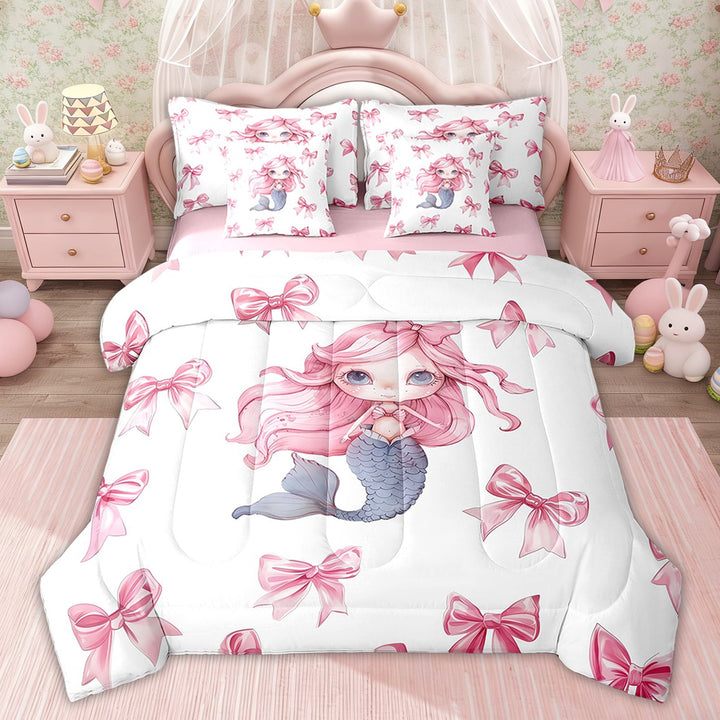 Erosebridal Pink Bow-Tie Bedding Twin Comforter Set, Mermaid Down Comforter, Cartoon Princess Decor, Pink Reversible 7pcs