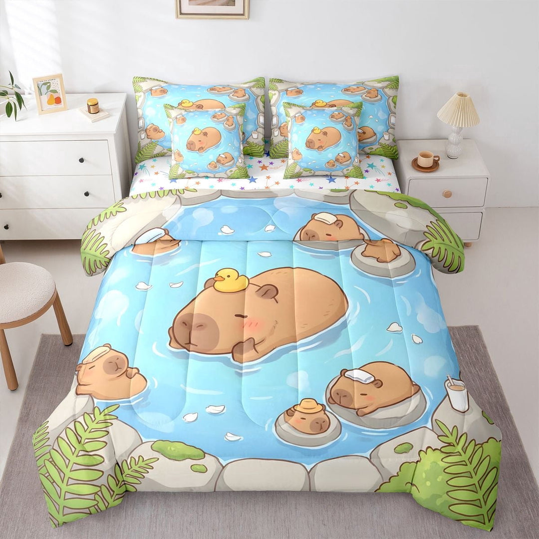 Erosebridal Kids Cute Capybara In The Water Twin Bedding Sets 7-Piece,Cartoon Animal Yellow Duck Bedding Comforter Set For Boys Girls,Breathable Home Decor