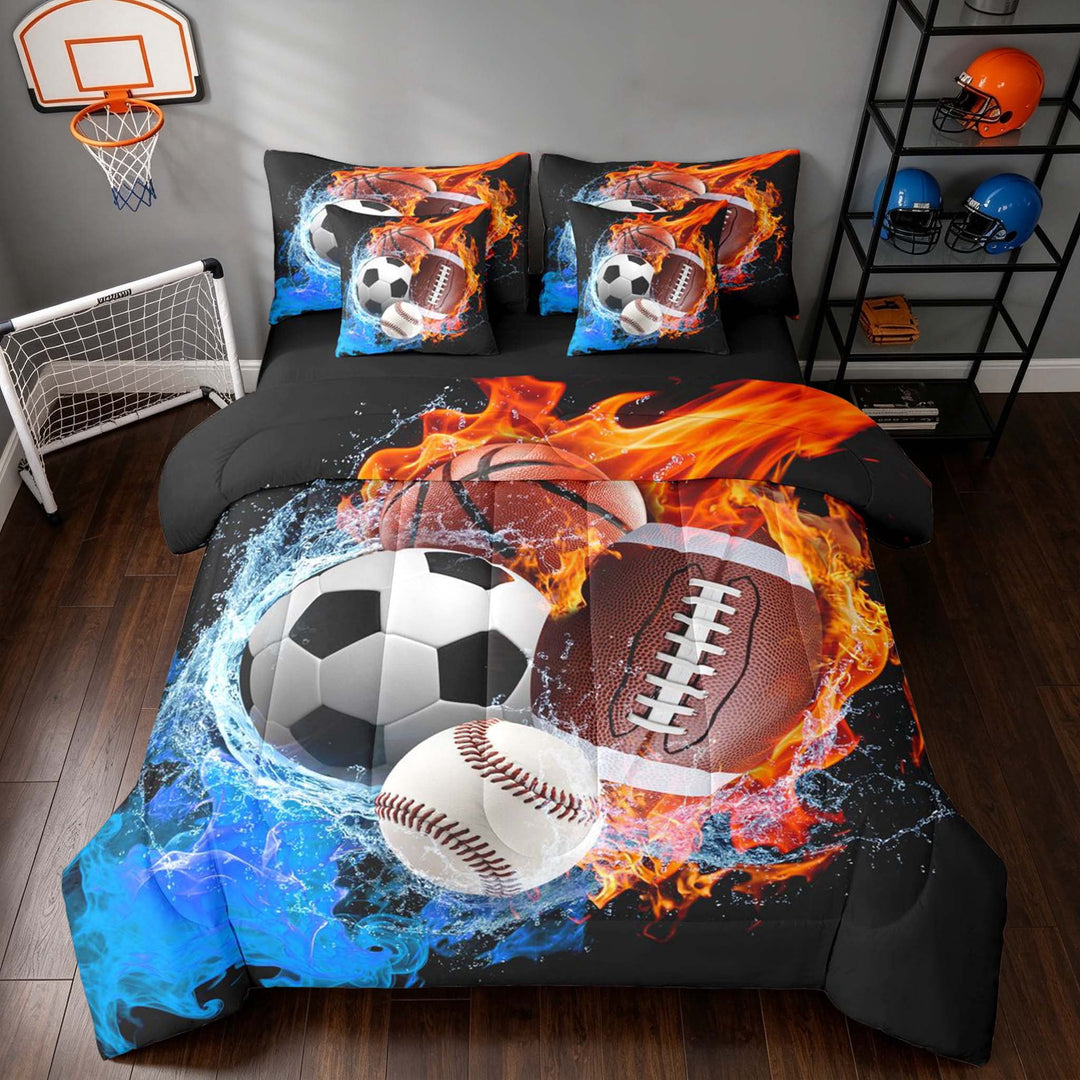 Manfei Boys Rugby Twin Bedding, Soccer Football Sports Bedding Comforter Set, Black Orange Brightblue, Black Reversible 7pcs