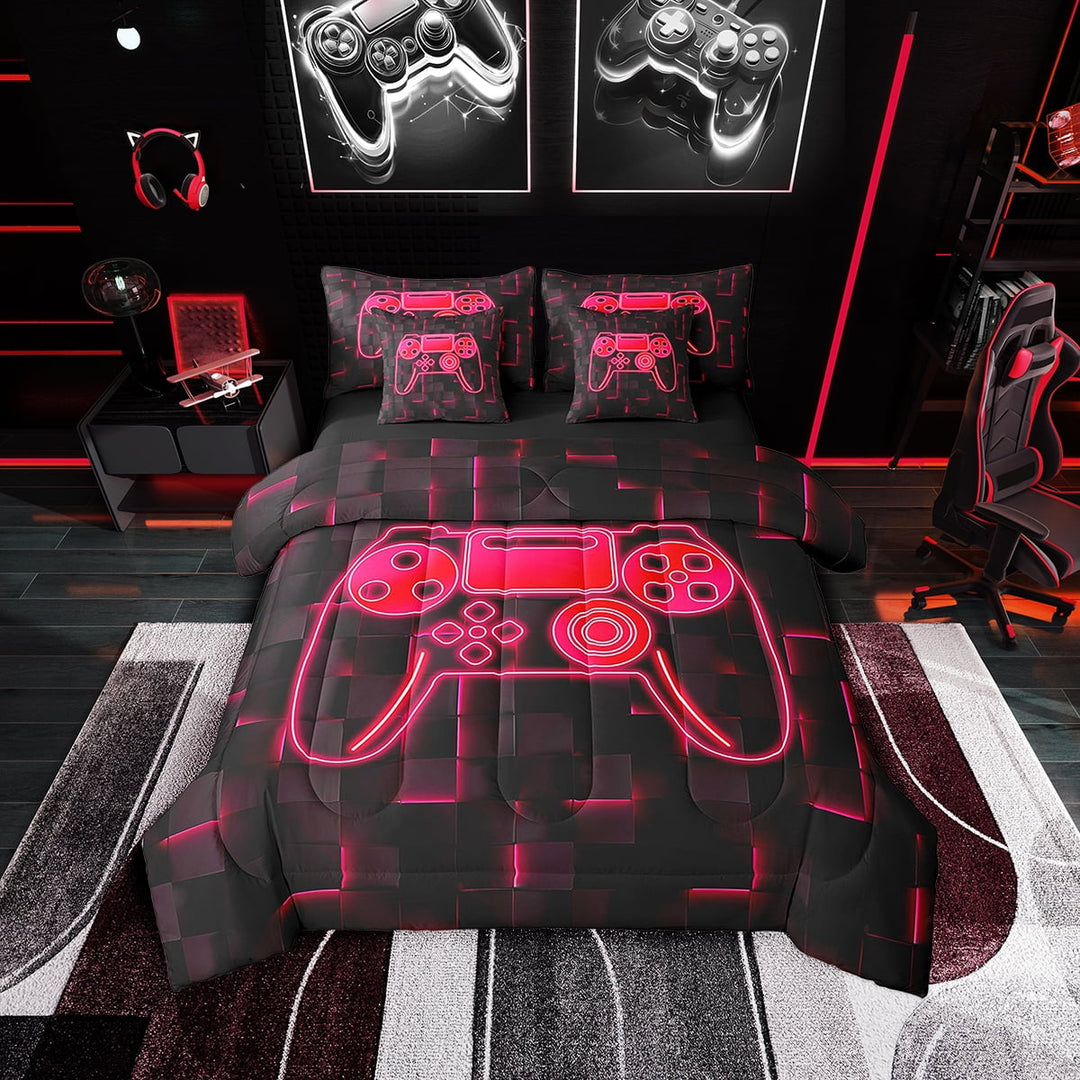 Erosebridal Gamepad Bedding Sets Full Size 7-Piece, Black and Red, Microfiber