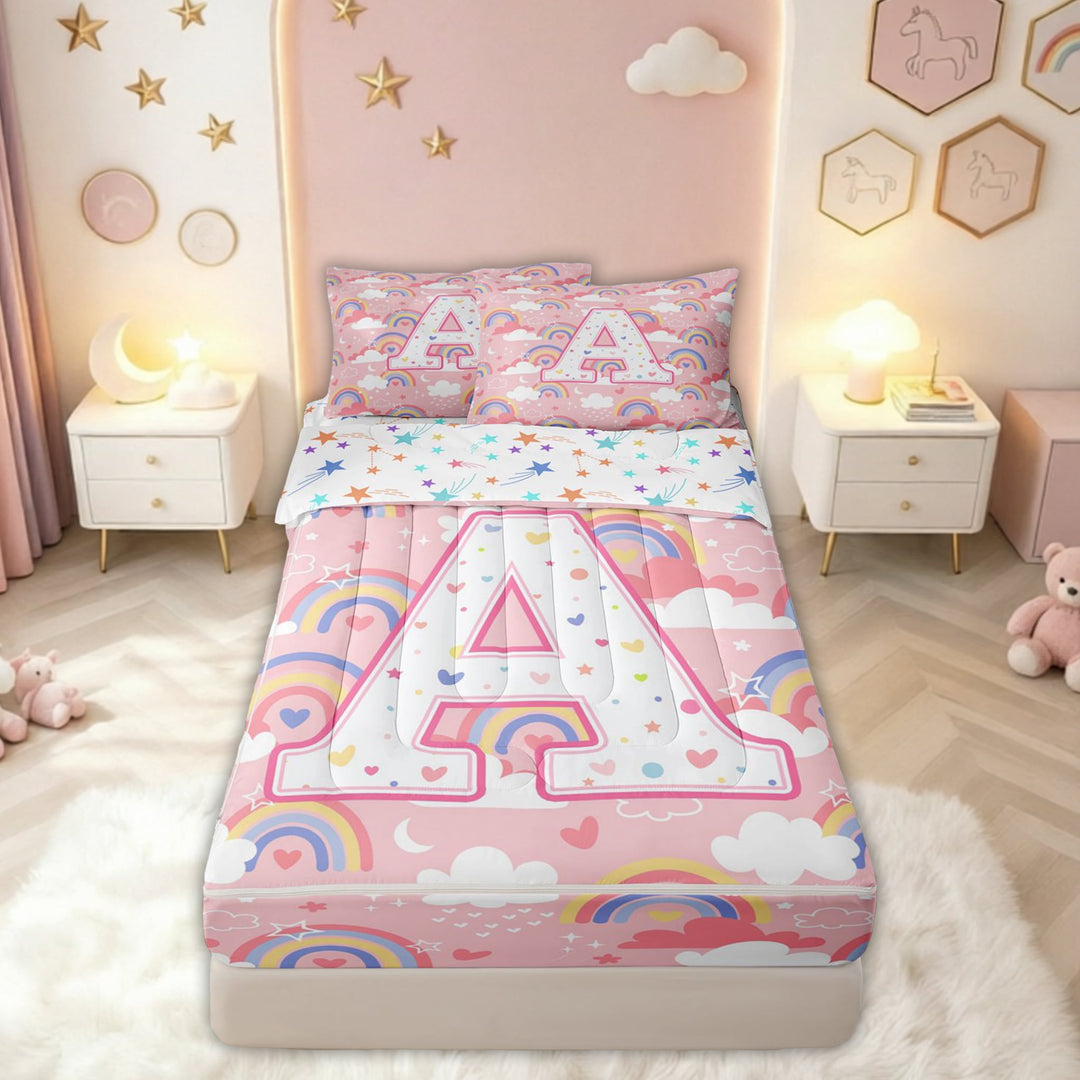 meiyoeat Rainbow A Initial Zipper Comforter Set with Fitted Sheet and 2 Pillowcases for Girls Kids, Galaxy Stars Cloud Zipper Bedding Set, Pink Multicolor, Colorful Star Reversible, 3pcs