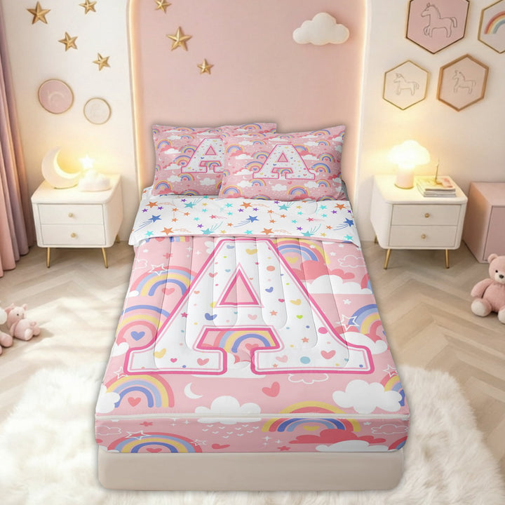 meiyoeat Rainbow A Initial Zipper Comforter Set with Fitted Sheet and 2 Pillowcases for Girls Kids, Galaxy Stars Cloud Zipper Bedding Set, Pink Multicolor, Colorful Star Reversible, 3pcs