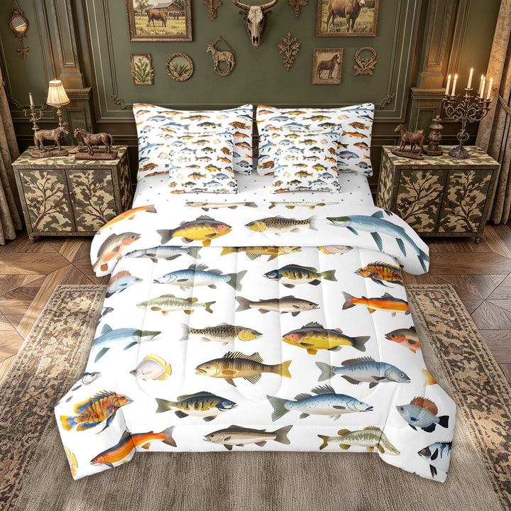 meiyoeat Watercolor Ocean Fish Full Size Bedding Sets for Kids Boys Girls, Tropical Coastal Wildlife Full Size Bed in a Bag, Reversible, 7 Pieces