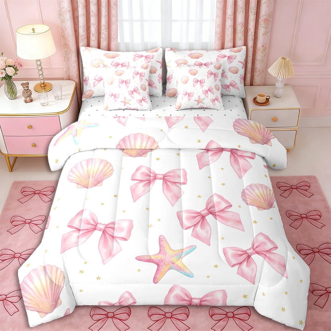 Erosebridal Teens Princess Ribbon Bowtie Twin Bedding Sets 7-Piece,Girls Sea Pink Starfish Seashell Bedding Comforter Set,Microfiber Bedroom Decor