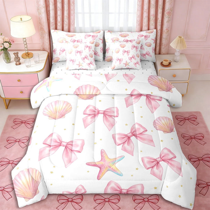 Erosebridal Teens Princess Ribbon Bowtie Twin Bedding Sets 7-Piece,Girls Sea Pink Starfish Seashell Bedding Comforter Set,Microfiber Bedroom Decor