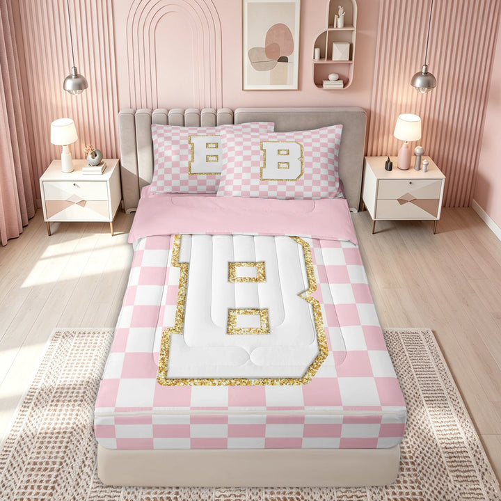 meiyoeat Glitter Print Letter B Zipper Twin Comforter Sets with Fitted Sheet and 2 Pillowcases for Kids, Princess Grid Plaid Zipper Bedding Set for Bedroom, Pink, Pink Reversible, 4-Piece
