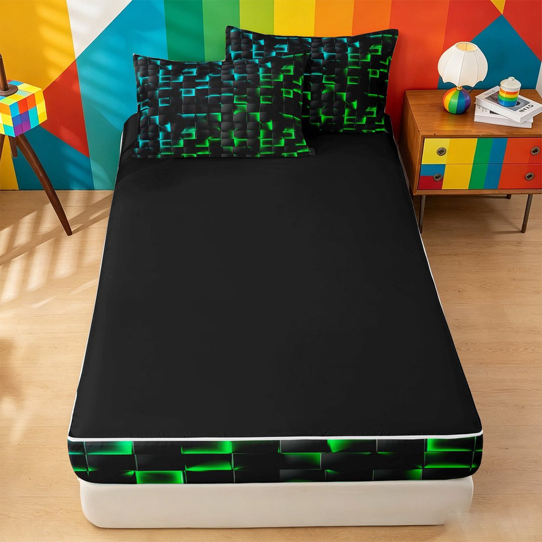 meiyoeat Classic Geometric Checkered Zipper Full Size Comforter Sets with Fitted Sheet and 2 Pillowcases For Kids,Gradient Neon Blue Green Zipper Bedding Set For Boys,Black Reversible,4-Piece
