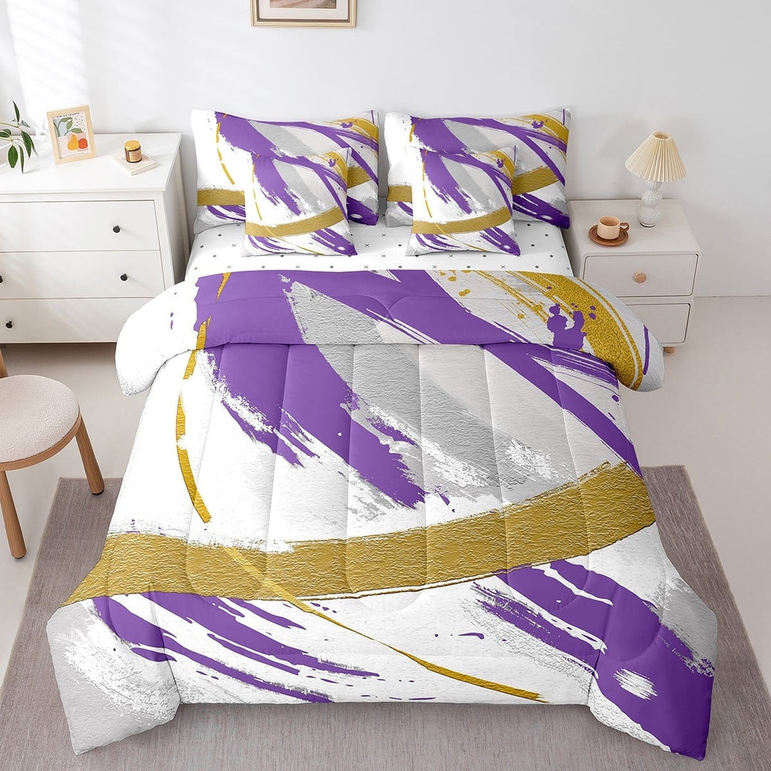 Grey Beige Purple Bedding Comforter Sets 7 Piece Brush Strokes Oil Painting Bed in a Bag Gradient Abstract Vintage Bedding Set Ombre Graffiti King Size Comforter Set Modern Bedding Sets &amp; Collections