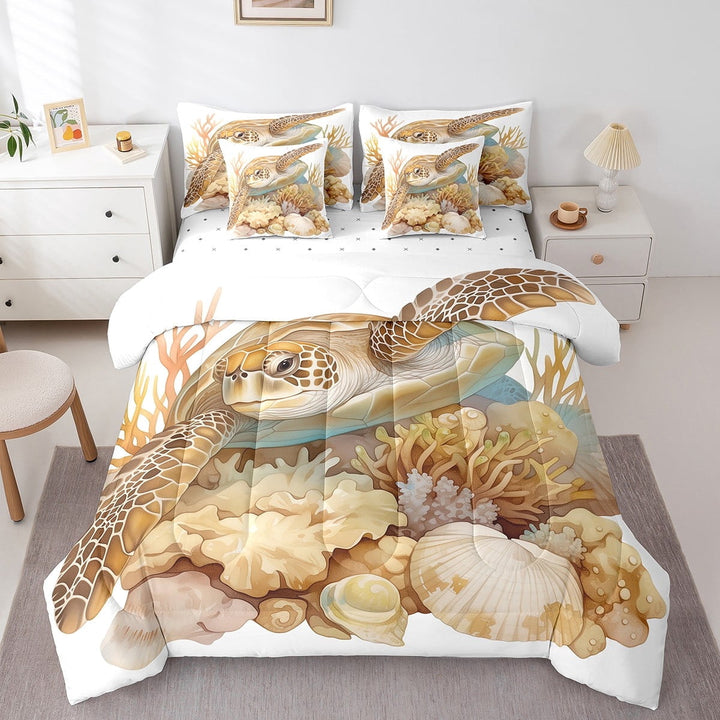 Kawaii Sea Turtle Queen Size Comforter Set 7-Piece Reptile Animal Bedding Sets,Coral Shells Bed in a Bag Ocean Sealife Bedding Comforter Sets Marine Theme Bed Set Bedroom Decor