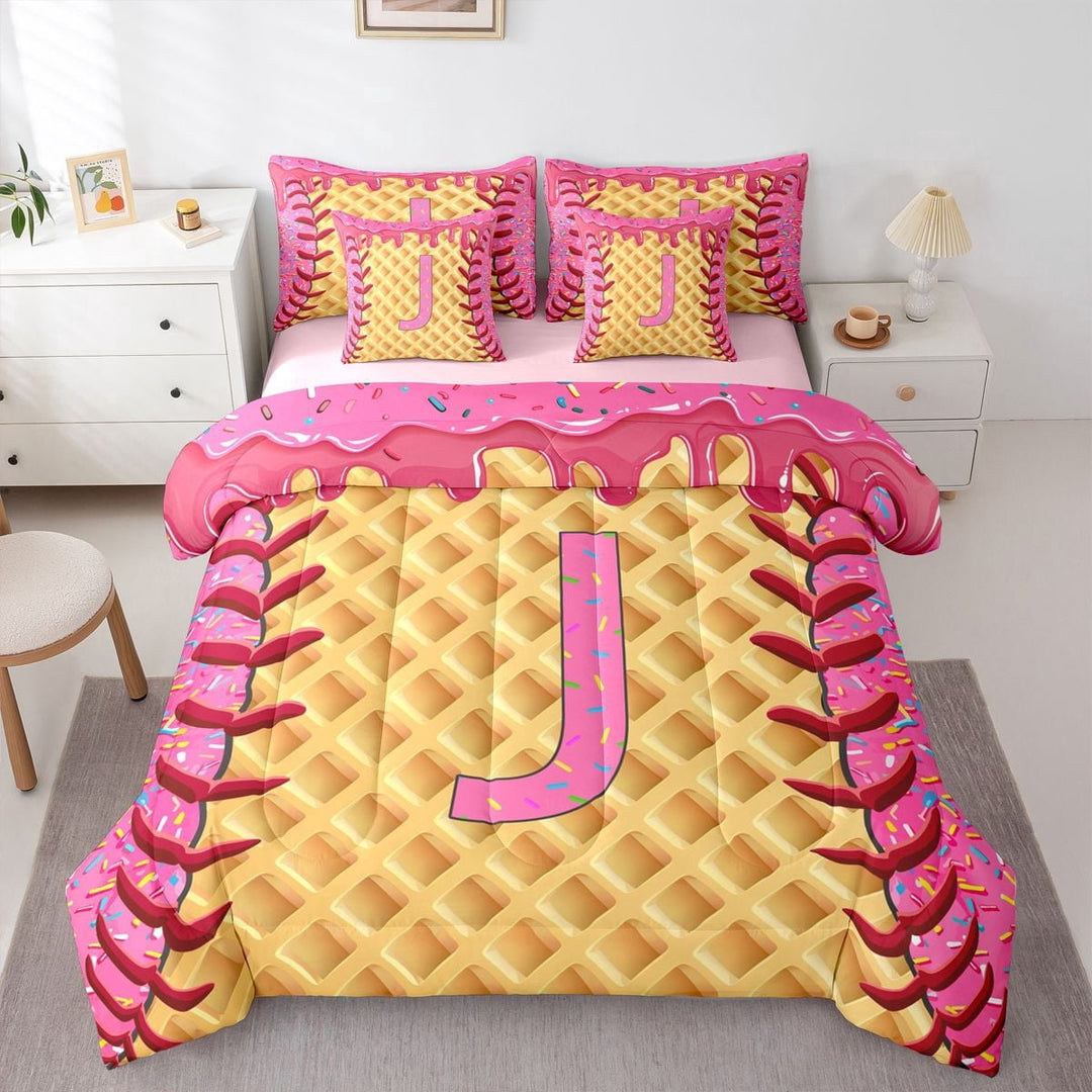 Erosebridal Pink Monogrammed J Kid Twin Bedding Sets, Baseball Ice Cream Bedding Comforter Set, 7 Pieces
