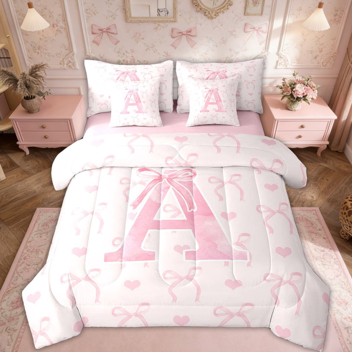 Erosebridal Initial A Letter Bedding Twin Size, Cute Bowknot Bed in a Bag Twin size, Dreamy Princess Decor, Reversible 7pcs