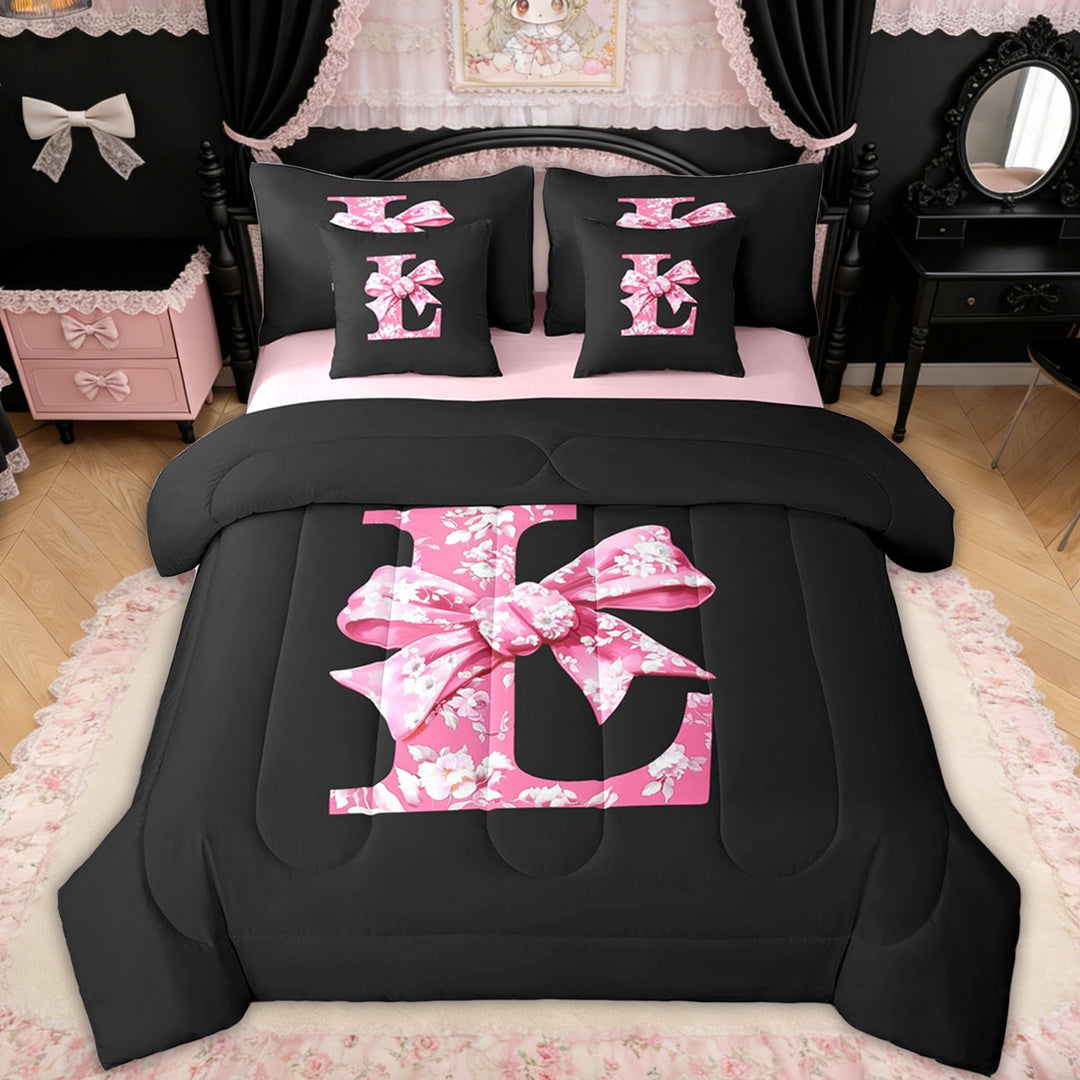 Erosebridal Pink Floral Letter L Bow Twin Bedding Sets for Girls Women, Princess Bowknot Bedding Comforter Set, Reversible, 7 Pieces