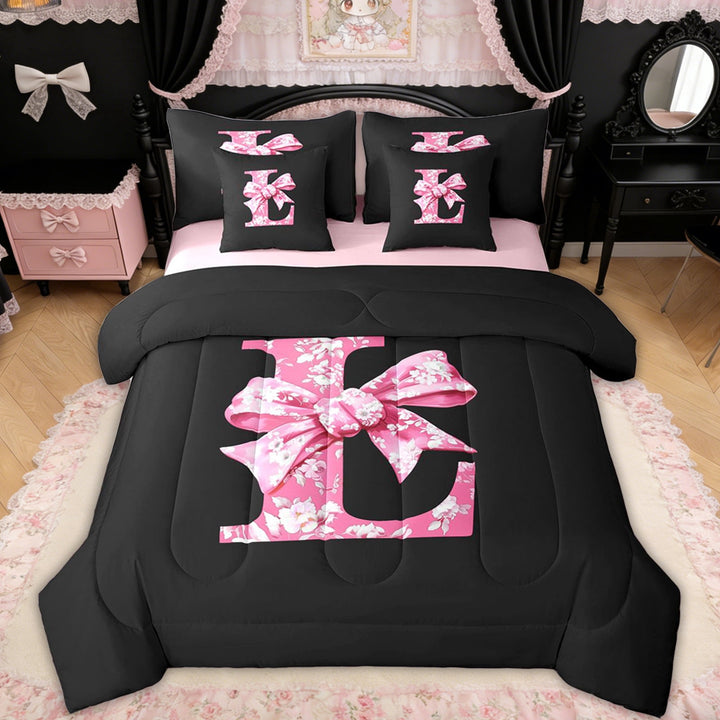 Erosebridal Pink Floral Letter L Bow Twin Bedding Sets for Girls Women, Princess Bowknot Bedding Comforter Set, Reversible, 7 Pieces