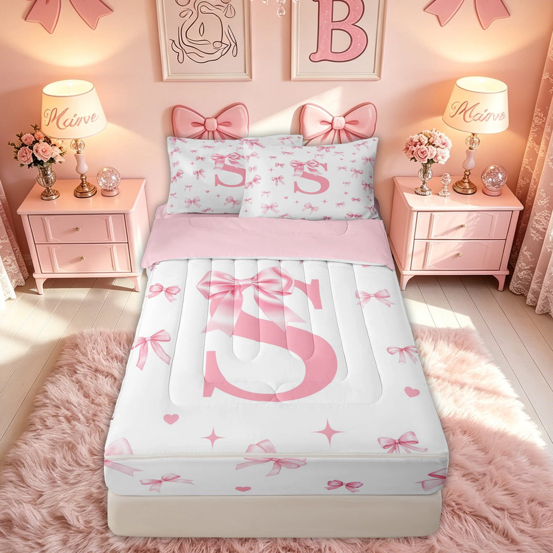 meiyoeat Bow Letter S Zipper Comforter Set with Fitted Sheet and 2 Pillowcases for Girls, Ribbon Print Zipper Bedding Set, Pink, Pink Reversible, 3-Piece