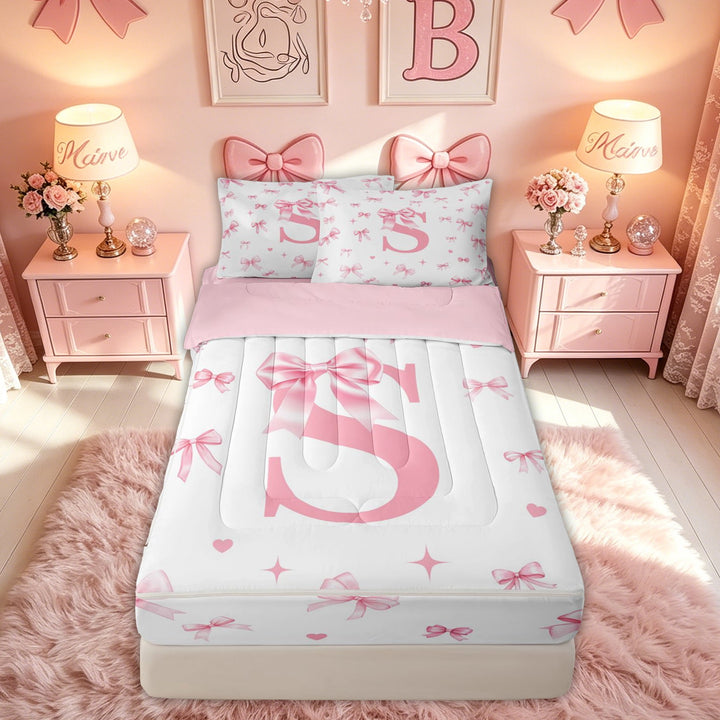 meiyoeat Bow Letter S Zipper Comforter Set with Fitted Sheet and 2 Pillowcases for Girls, Ribbon Print Zipper Bedding Set, Pink, Pink Reversible, 3-Piece