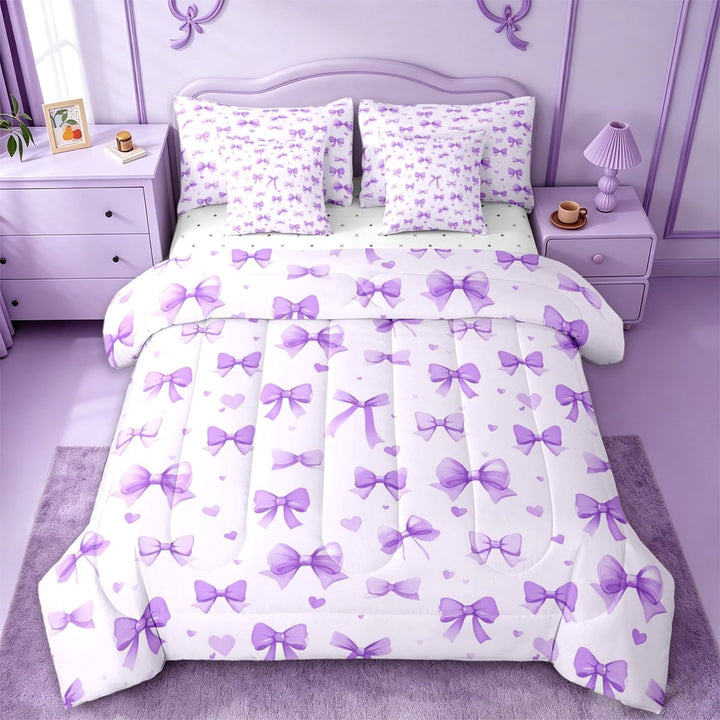 Erosebridal Cute Coquette Bowknot 7-Piece Twin Bedding Sets,Purple Kawaii Bows Loves Bedding Comforter Set For Girls Kids,Reversible