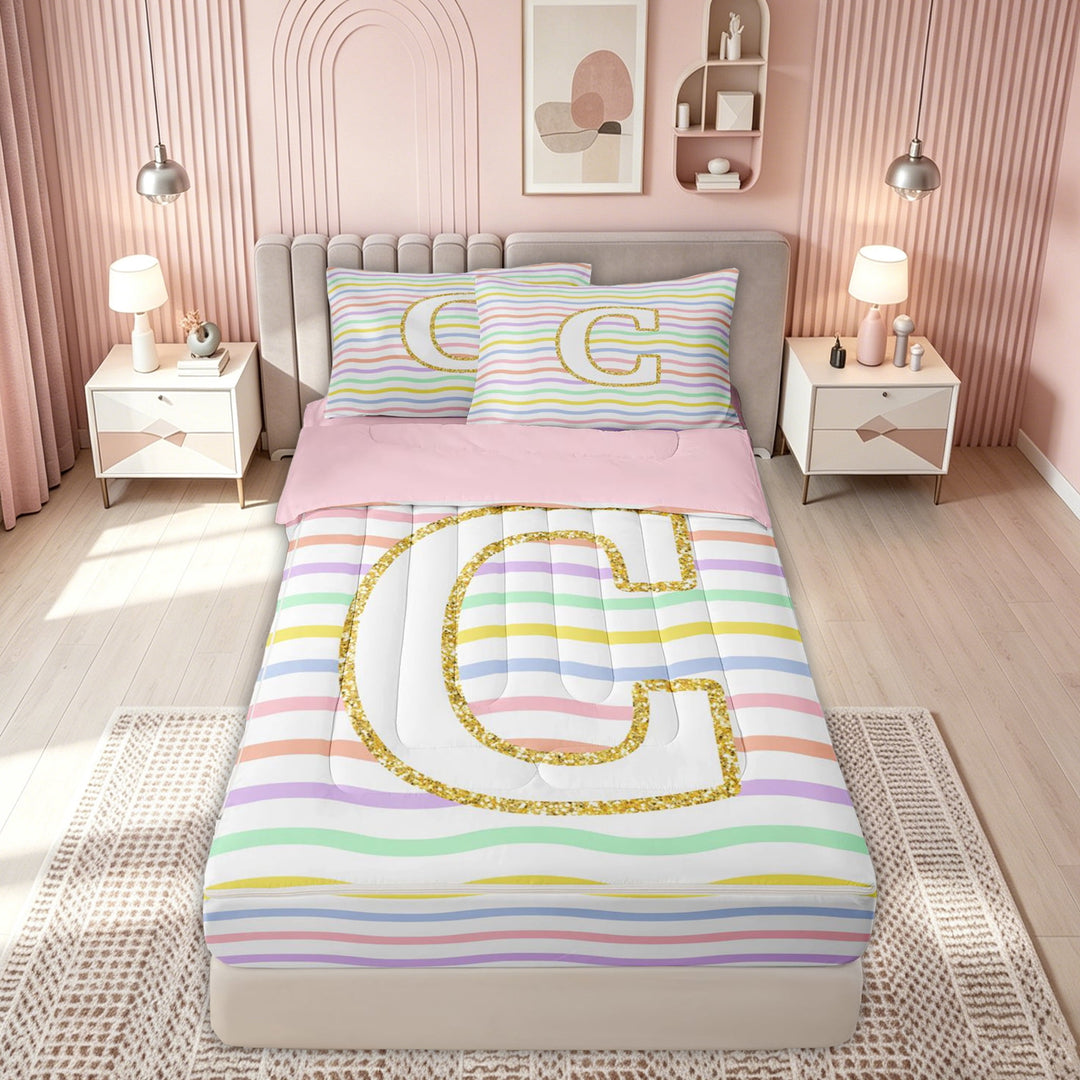 meiyoeat Glitter Letter C Zipper Comforter Set with Fitted Sheet and 2 Pillowcases for Girls Kids, Rainbow Initial Zipper Bedding Set, Pastel, Pink Reversible, 3pcs