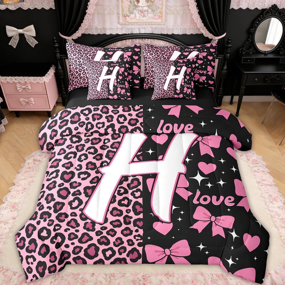 Erosebridal Leopard Print Letter H Twin Bedding Sets for Girls, Pink Initial Ribbon Bedding Comforter Set, Black Reversible, 7-Piece
