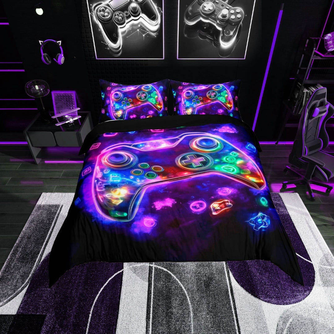 Erosebridal Purple Gamepads Comforter Cover Twin,Video Game Bedding Twin Size,Gradient Neon Duvet Cover Twin,Microfiber Gaming Room Decor,Reversible,3pcs(No Comforter)