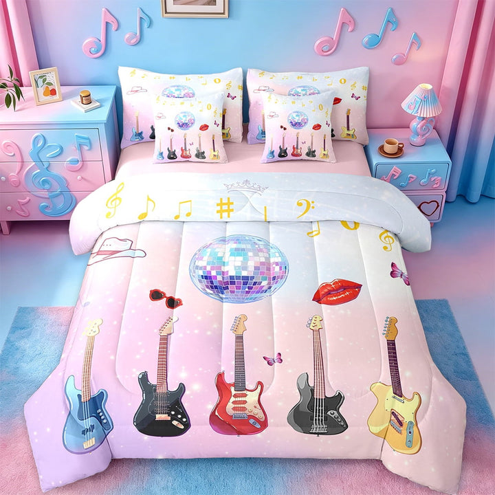 Erosebridal Coloful Guitar Bedding Sets Twin Size,Musical Instrument Comforter Sets with Sheets,Country Music Theme Bed in a Bag Twin Size For Youth,Lightweight Room Decor Reversible,7-Piece