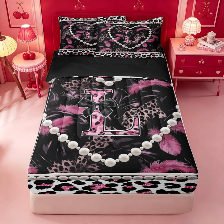 meiyoeat Cute Bow Monogram Zipper Full Size Comforter Sets with Fitted Sheet and 2 Pillowcases,Leopard Initial L Zipper Full Size Comforter Sets with Fitted Sheet and 2 Pillowcases,4-Piece