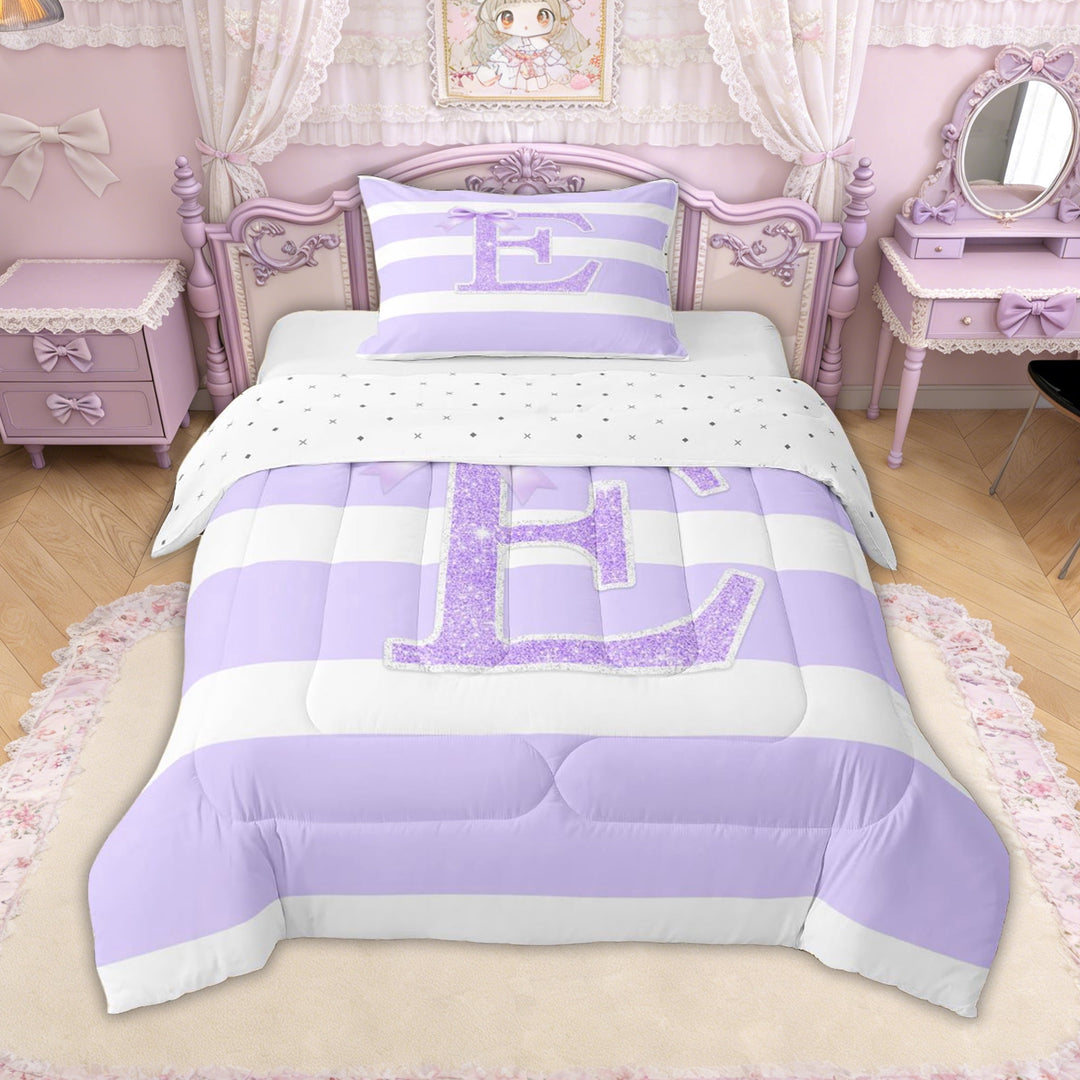 Erosebridal Glitter Print Bow Letter E Twin Comforter Sets for Girls, Purple Stripes Ribbon Bedding Set, Reversible, 2 Pieces