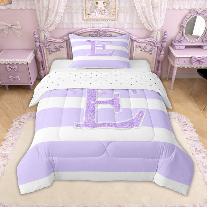 Erosebridal Glitter Print Bow Letter E Twin Comforter Sets for Girls, Purple Stripes Ribbon Bedding Set, Reversible, 2 Pieces