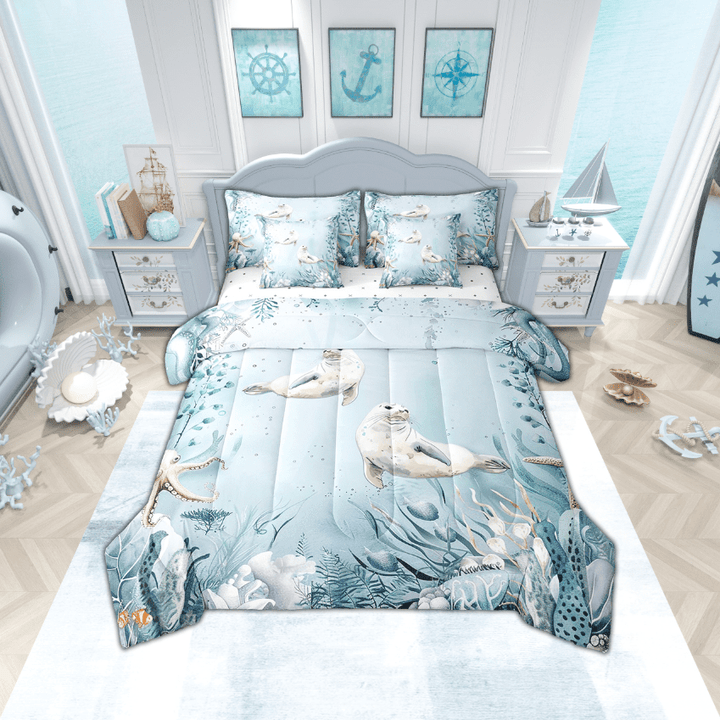 Seal Bed in a Bag Queen Comforter Set 7 Piece,Teal Blue Ocean Beach Coastal Bedding Set Starfish Octopus Tentacles Sheet Sets with Comforter Underwater Creature Coral Bed Set,Kawaii Fish Room Decor