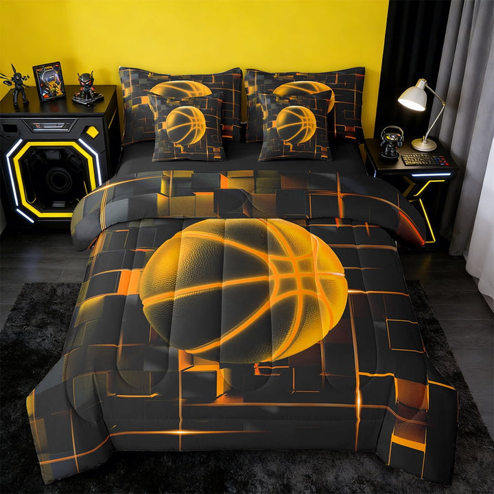 Erosebridal Orange Basketball Bedding Sets Twin Size,Modern Geometric Grid Comforter Sets with Sheets,Glowing Neon Light Bed in a Bag Twin Size For Teens,Breathable Room Decor Reversible,7-Piece