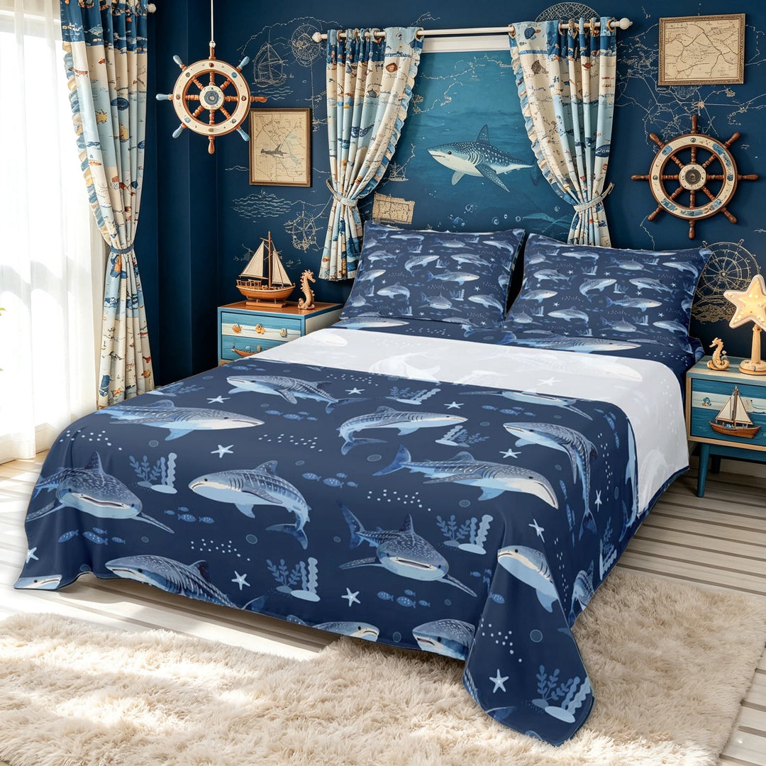 meiyoeat Navy Whale Shark Bed Sheets for Kids Boys, Starfish Ocean Full Size Sheets for Bedroom, 4 Pieces