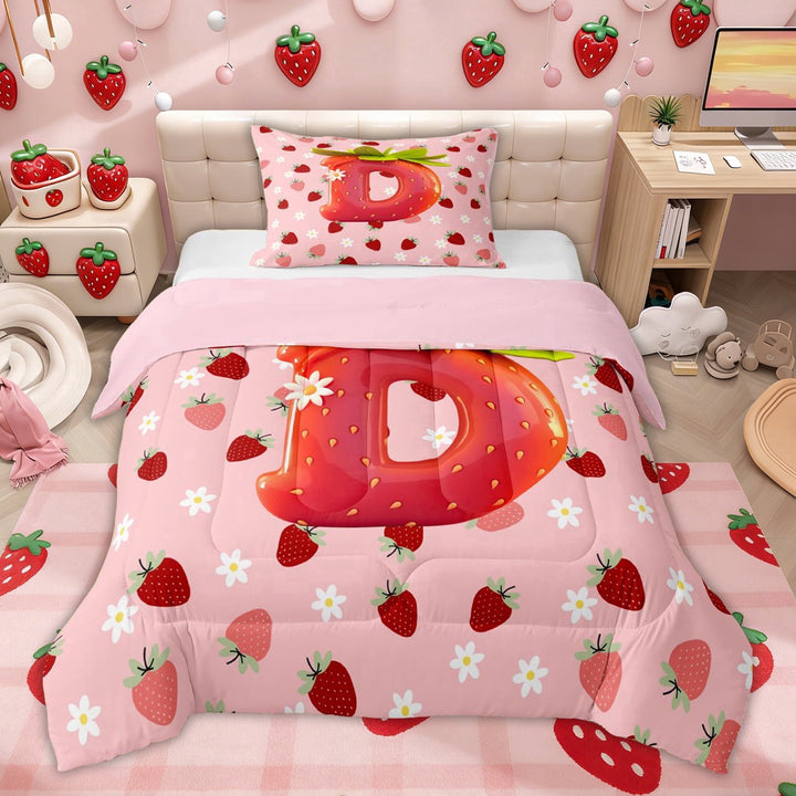 Erosebridal Kawaii Initial D Letter Twin Comforter Sets, Girls Princess Strawberry Bedding Set for Kids, Pink Reversible, 2pcs