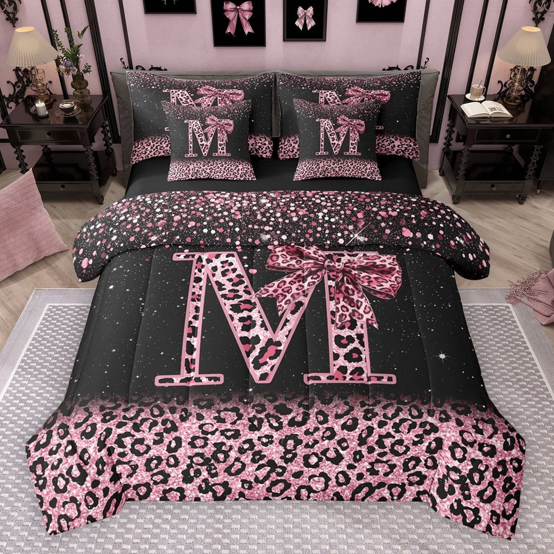 Erosebridal Cute Pink Leopard Print Twin Bedding Sets for Girls, Bowknot Letter M Bedding Comforter Set, Black Reversible 7-Piece
