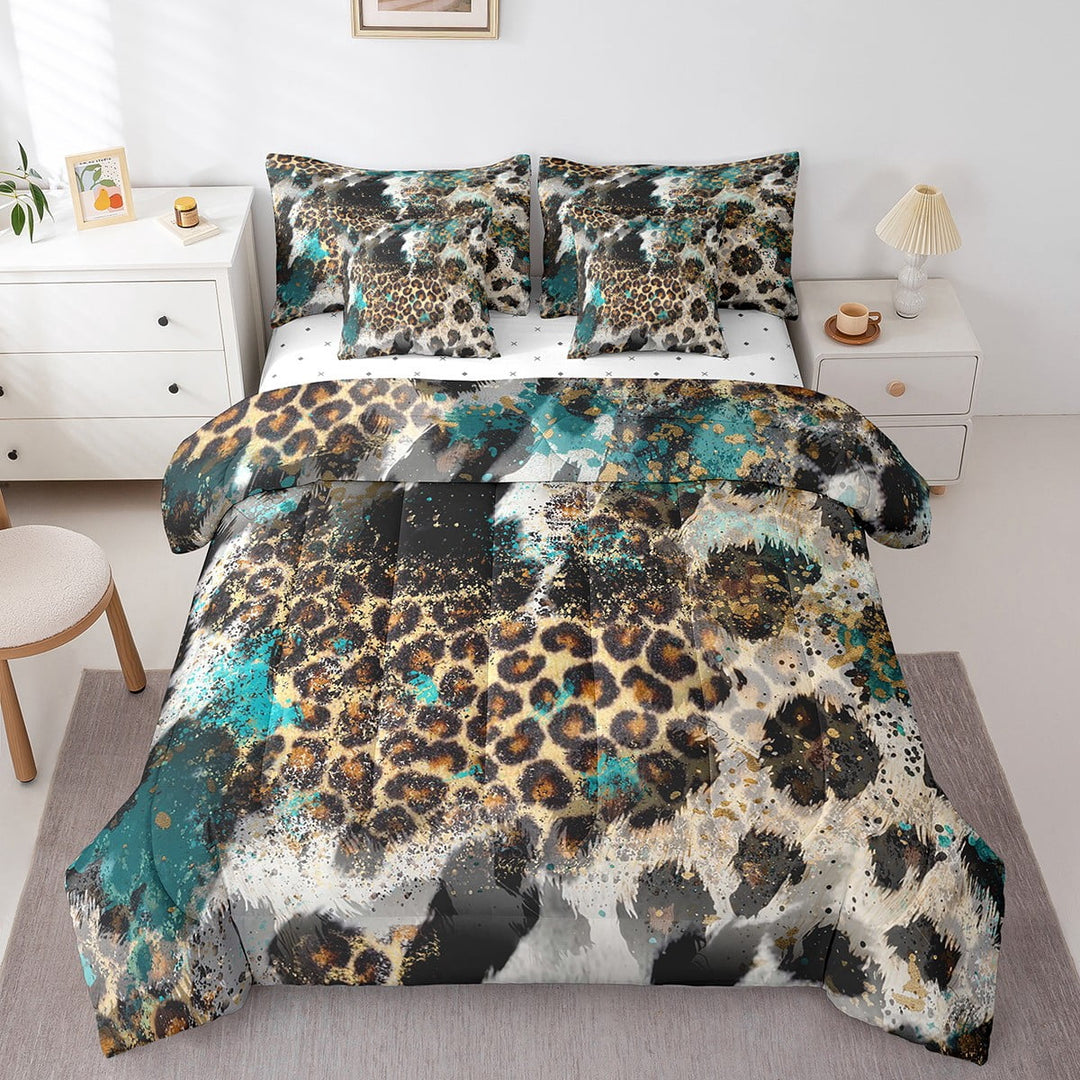 7 Pieces King Size Leopard Print Comforter Set,Black White Cow Texture Abstract Animals Bedding Set,Rustic Farmhouse（Comforter+Fitted+Flat Sheet+2 Pillowcases+2 Throw Pillow Covers
