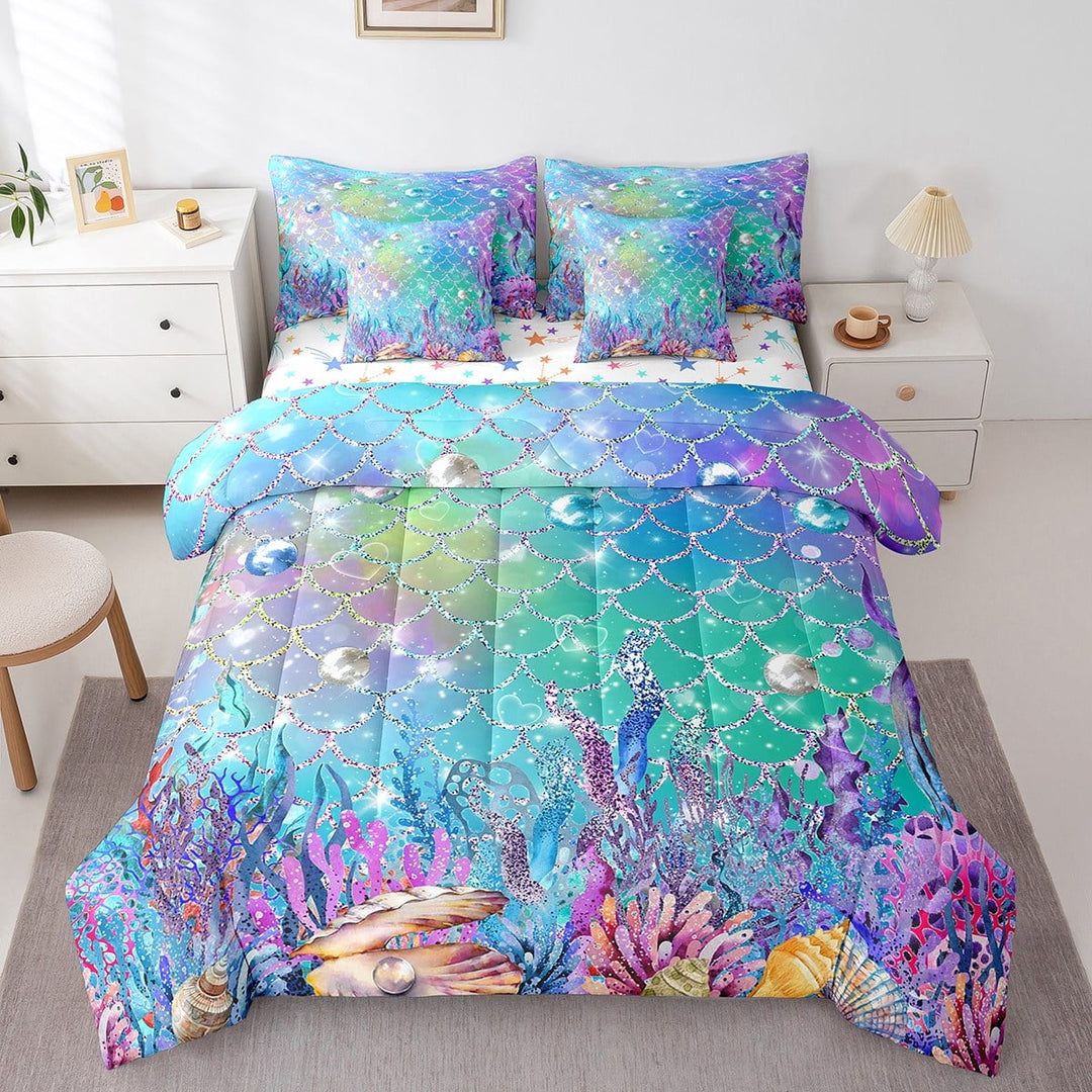 Erosebridal Mermaid Scale Bedding Sets King Size,Marine Ocean Bed in a Bag King size,Breathable Reversible Bedding King Size,Bling Decoration,7 Pieces
