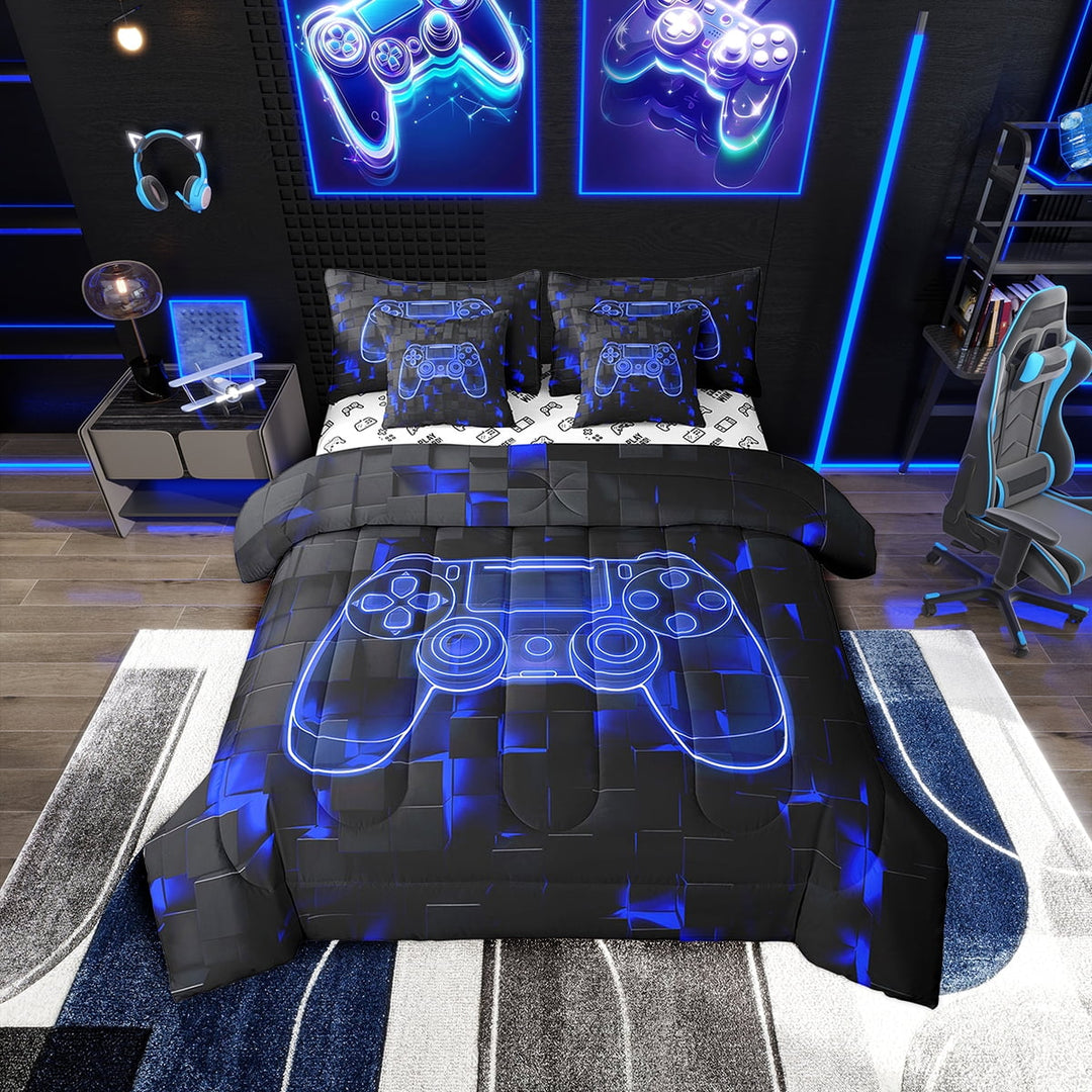 Gamer Comforter Set , Gaming Fitted Sheet Full Size 7 Pieces Bed In A Bag, Video Games Gamepad Flat Sheet Neon Geometry Square Pillow Cases, Dark Blue Black Throw Pillow Covers