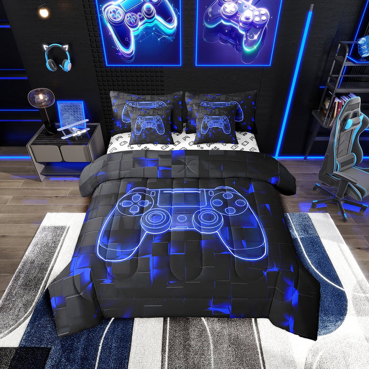 Gamer Comforter Set , Gaming Fitted Sheet Full Size 7 Pieces Bed In A Bag, Video Games Gamepad Flat Sheet Neon Geometry Square Pillow Cases, Dark Blue Black Throw Pillow Covers