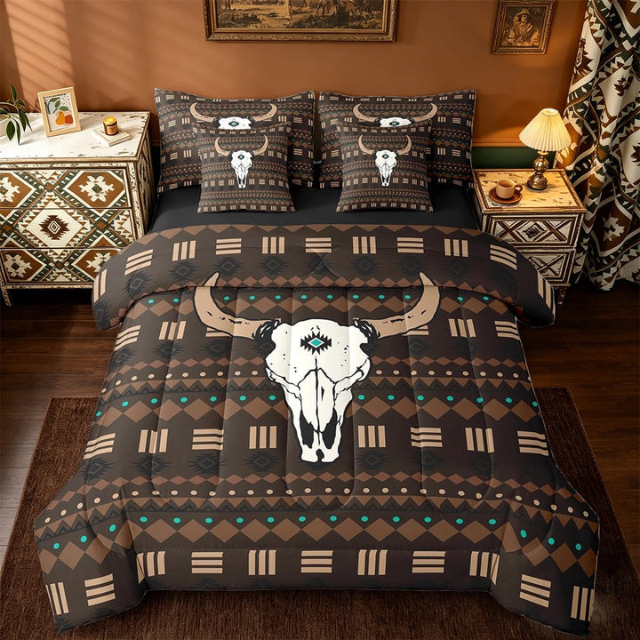 Manfei Bull Skull 7 Pieces Bedding Comforter Set,Boho Aztec Full Bedding Set For Boys Men,Western Cowboy Native Ethnic Horns Reversible