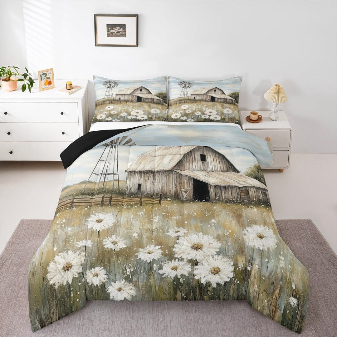 Erosebridal Oil Painting Daisy Bedding Twin Comforter Set,Vintage Windmill Down Comforter,Rustic Country Farmhouse Bedding Sets Twin with Comforter, Breathable Bedroom Decorative Reversible£¬2 Pieces