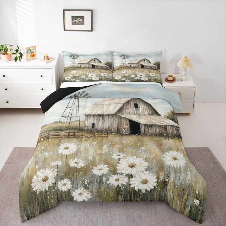 Erosebridal Oil Painting Daisy Bedding Twin Comforter Set,Vintage Windmill Down Comforter,Rustic Country Farmhouse Bedding Sets Twin with Comforter, Breathable Bedroom Decorative Reversible£¬2 Pieces