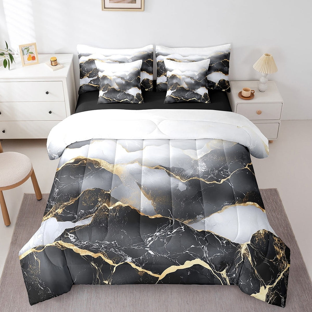 Glitter Gold Marble Comforter Set 7 Piece Bed In A Bag,Marble Black Grey Bedding Sets Twin Teens Adult,Marble Texture Sheet Set Modern Abstract Marbing Bedding Comforter Sets