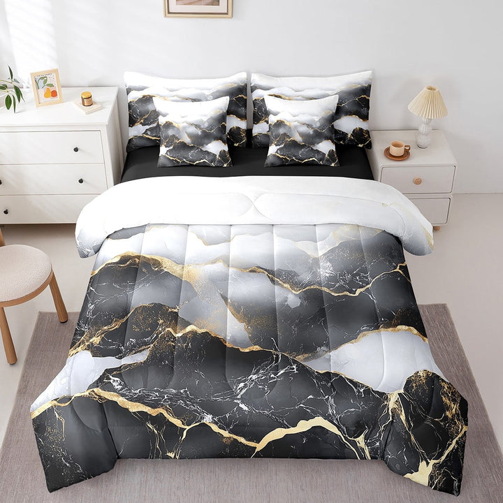 Glitter Gold Marble Comforter Set 7 Piece Bed In A Bag,Marble Black Grey Bedding Sets Twin Teens Adult,Marble Texture Sheet Set Modern Abstract Marbing Bedding Comforter Sets