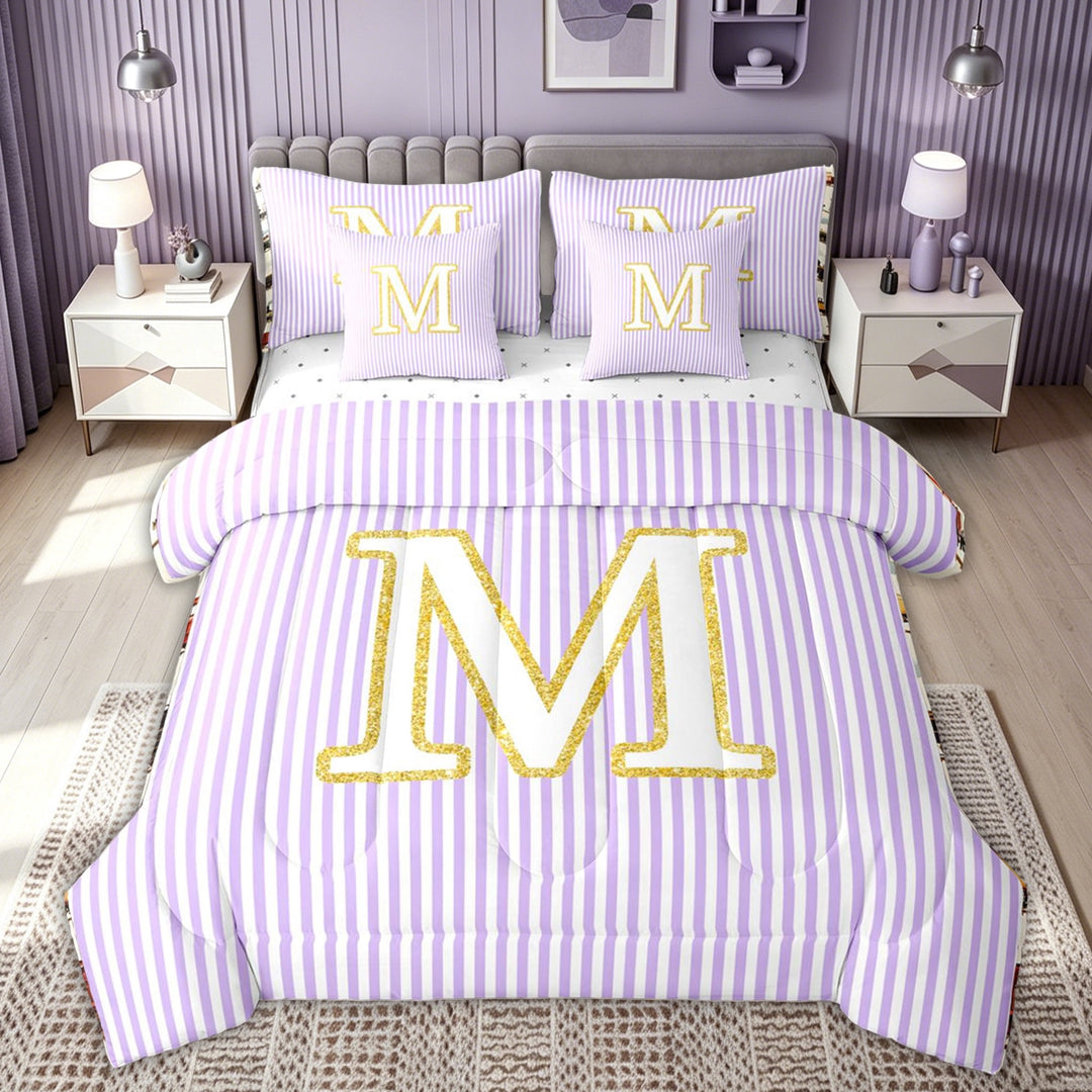meiyoeat Gold M Monogram Full Size Bedding Sets for Kids Girls Women, Purple Stripes Full Size Bed in a Bag for Bedroom, Reversible, 7-Piece