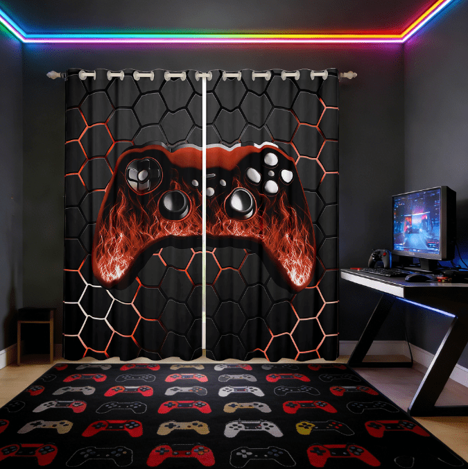 Manfei Gamer Gaming Curtains for Living Room,Vindoe Game Blackout Curtains Set of 2 (38x45),Orange Black Hexagon Curtains and Drapes (38x45) For Kid Boy,Lightweight Room Decorative