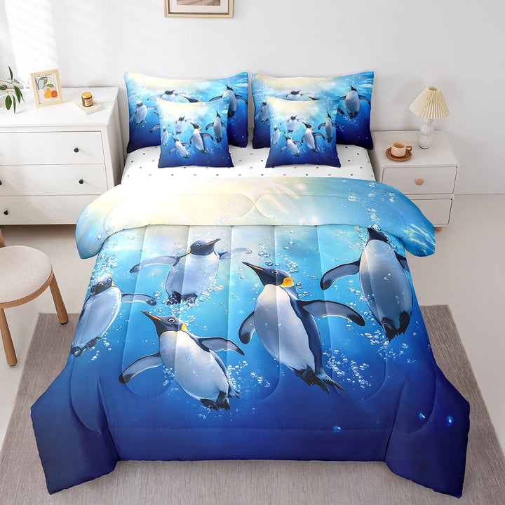 Erosebridal Cute Penguin Comforter Set Twin 7 Pcs Funny Animal Printed Cartoon Kawaii Polar Animal Pattern Bedding Set Marine life Sealife Bed in a Bag with Comforter,Sheets