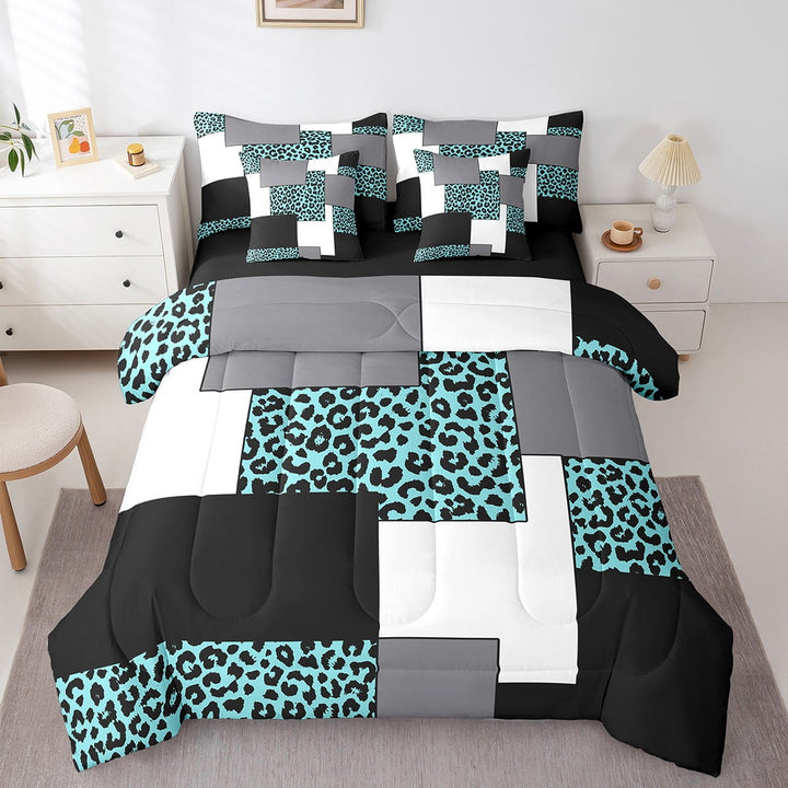 Erosebridal Modern 7 Pcs Comforter Set,Teal Blue Cheetah Print Bed in A Bag Women,Black Striped Bedding Sets Queen,Minimalist Reversible Bed Sets with Sheet Set Microfiber
