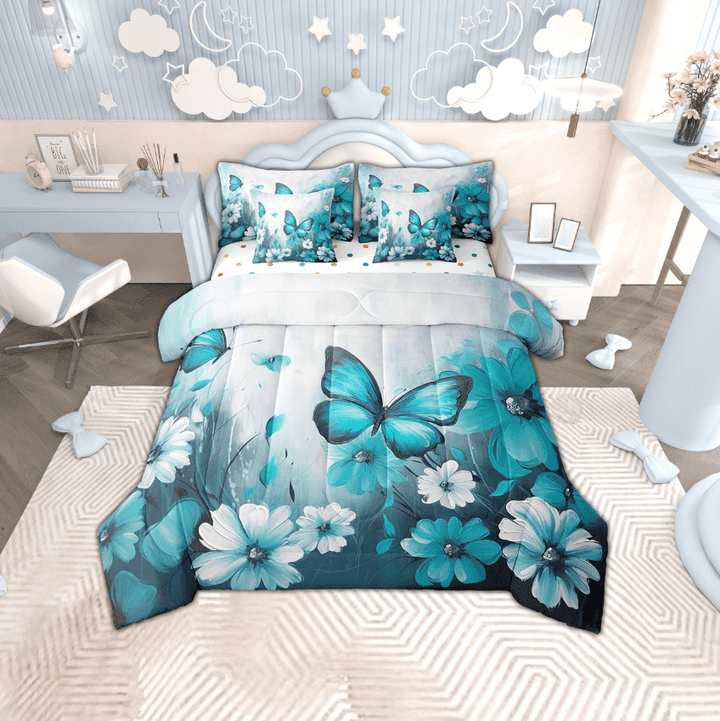 Butterfly Flowers Bed in a Bag King Size Comforter Set 7 Pieces,Teal Ombre Art Oil Painting Floral Bedding Sets Rustic Aesthetic Animal Daisy Flower Sheet Set with Comforter