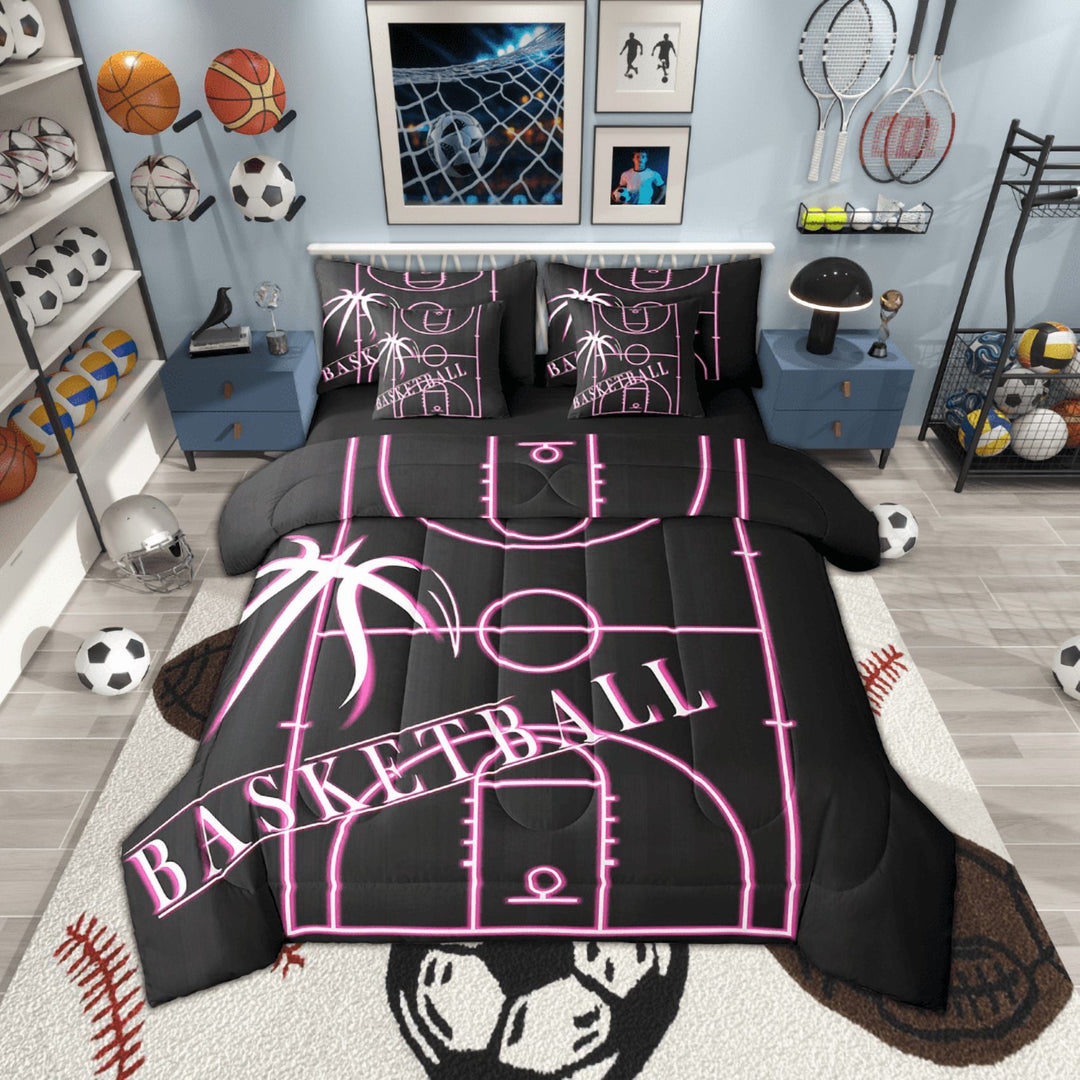 Basketball Bedding Comforter Sets 7pcs Pink Bed in a Bag, Ball Gamer Twin Bedding Sets Sport Game Comforter Set, Girly Basketball Court Bedding Sets &amp; Collections (Black Reversible)